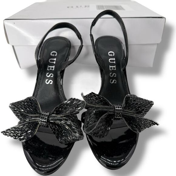 Guess Black Rhinestone Bow Heels Size 6 Embellished Slingback Pumps Low Stiletto - Picture 5 of 11